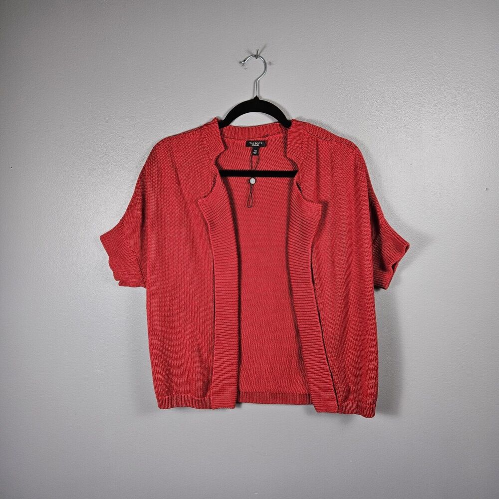 Talbots Red Open Front Ribbed‎ Notched Collar Short Sleeve Cardigan Sweater XS